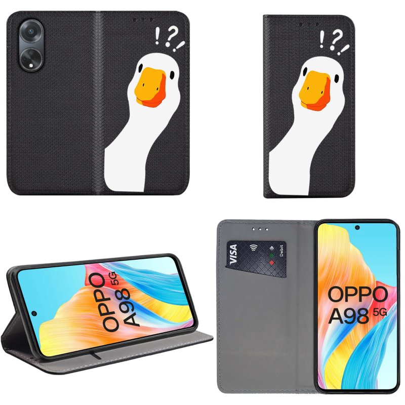 Etui do Oppo A98 5G zamykane malowane wzór kaczka gęś pipa + szkło pokrowiec kabura case z klapką