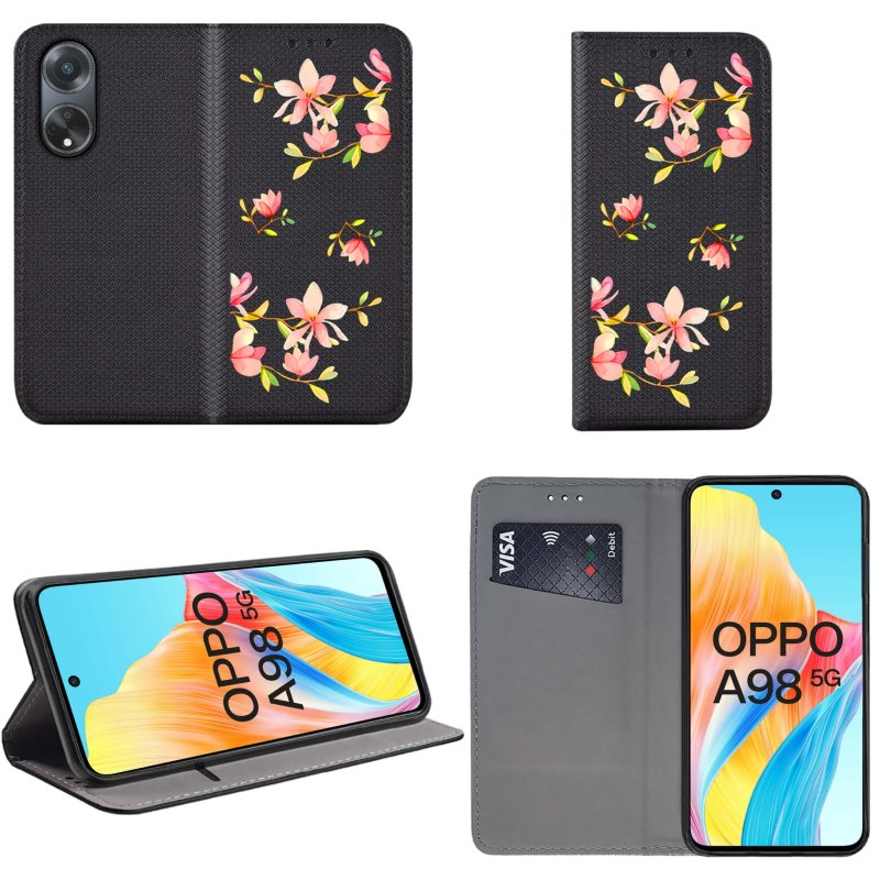 Etui do Oppo A98 5G zamykane malowane wzór kwiatki + szkło pokrowiec kabura case z klapką