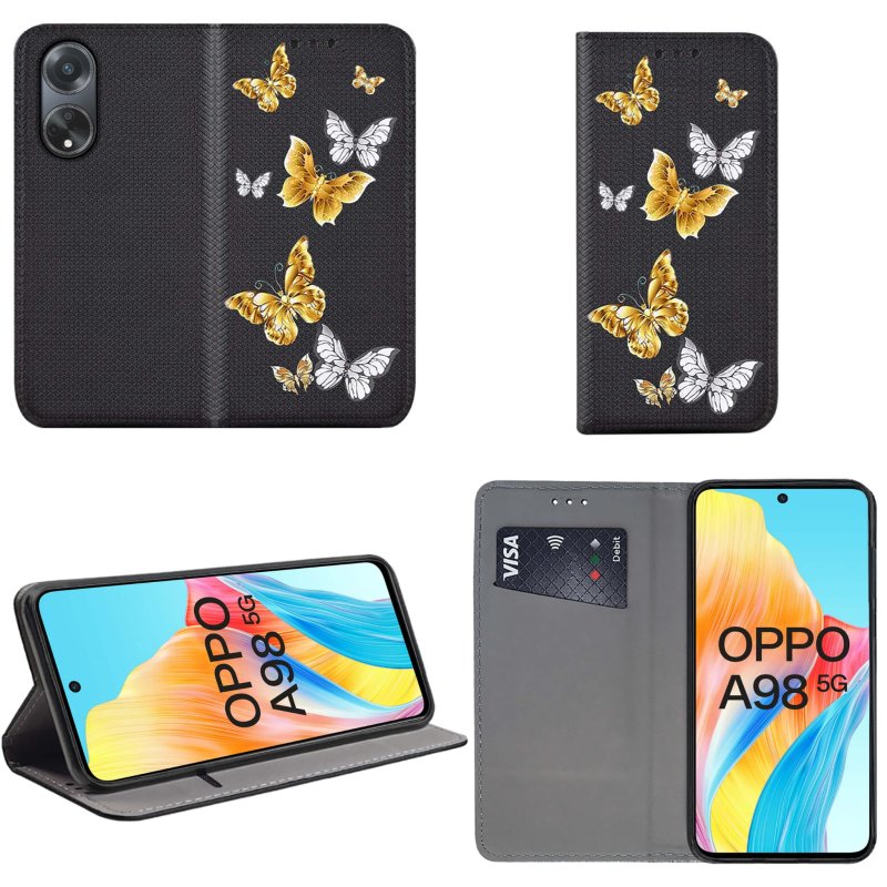 Etui do Oppo A98 5G zamykane malowane wzór motyle + szkło pokrowiec kabura case z klapką