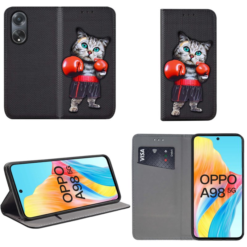 Etui do Oppo A98 5G zamykane malowane wzór kot + szkło pokrowiec kabura case z klapką