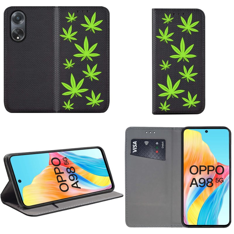 Etui do Oppo A98 5G zamykane malowane wzór liście marycha konopia zioło + szkło pokrowiec kabura case z klapką