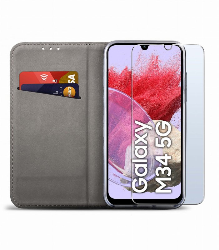 Etui do Samsung Galaxy M34 5G zamykane granatowe + szkło pokrowiec kabura case z klapka
