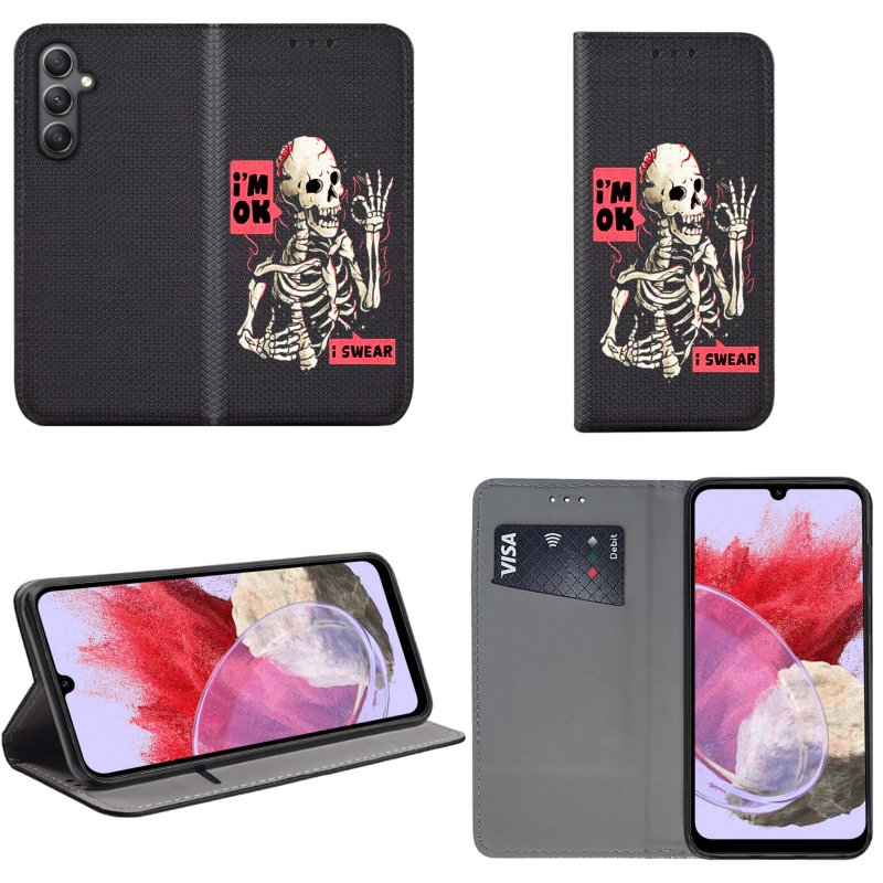 Etui do Samsung Galaxy M34 5G zamykane malowane wzór szkielet + szkło pokrowiec kabura z klapka