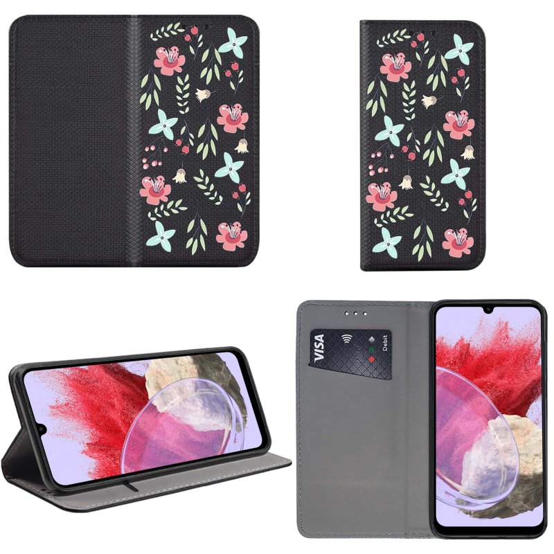 Etui do Samsung Galaxy M34 5G zamykane malowane wzór kwiaty + szkło pokrowiec kabura z klapka