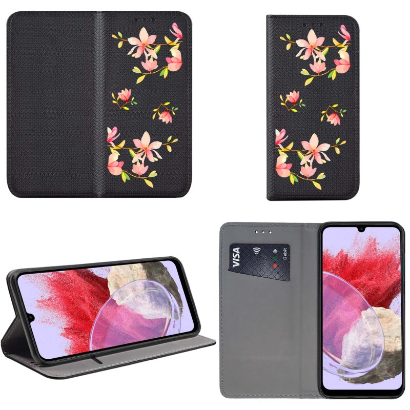 Etui do Samsung Galaxy M34 5G zamykane malowane wzór kwiatki + szkło pokrowiec kabura z klapka
