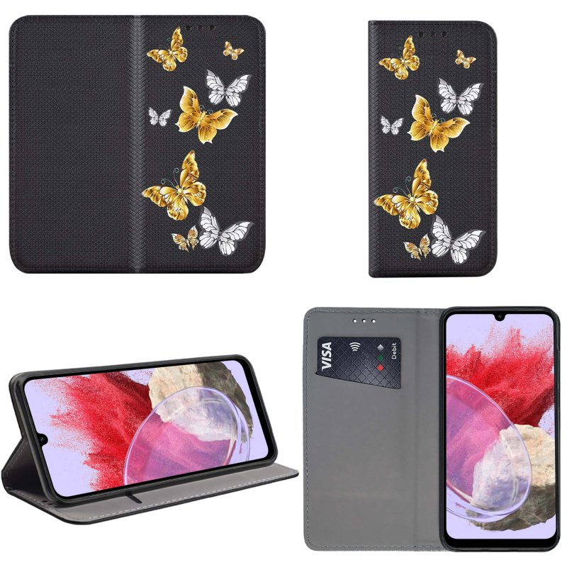 Etui do Samsung Galaxy M34 5G zamykane malowane wzór motyle + szkło pokrowiec kabura z klapka