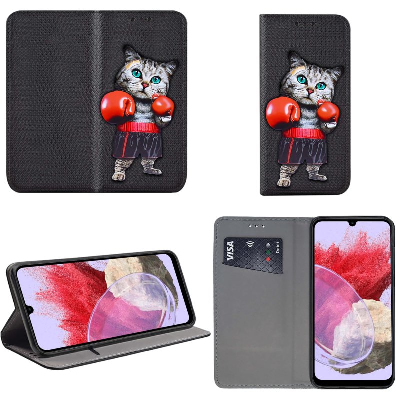 Etui do Samsung Galaxy M34 5G zamykane malowane wzór kot + szkło pokrowiec kabura z klapka
