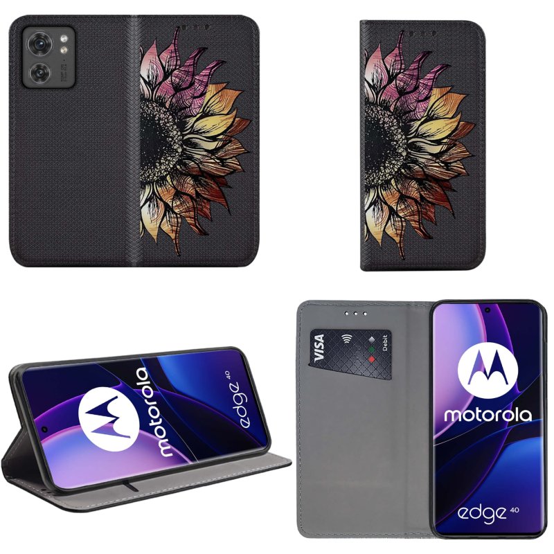 Etui do Motorola Moto Edge 40 zamykane malowane wzór kwiat pokrowiec kabura case z kalpka