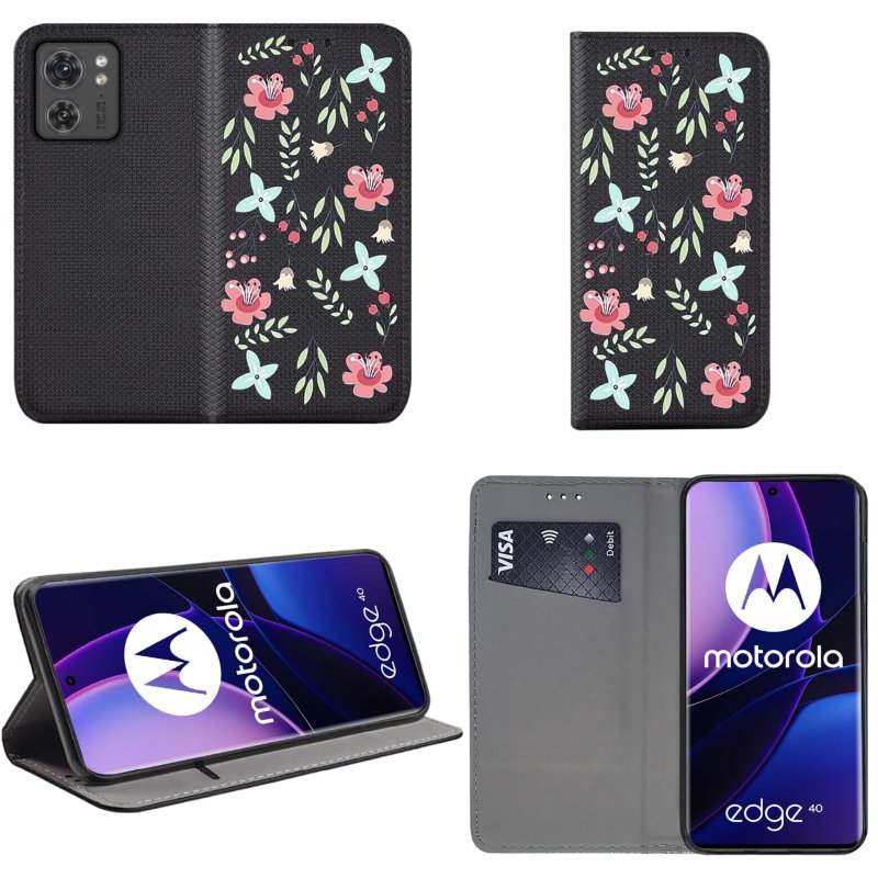 Etui do Motorola Moto Edge 40 zamykane malowane wzór kwiaty pokrowiec kabura case z kalpka