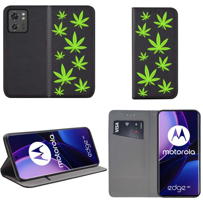 Etui do Motorola Moto Edge 40 zamykane malowane wzór liście marycha konopia pokrowiec kabura case z klapka