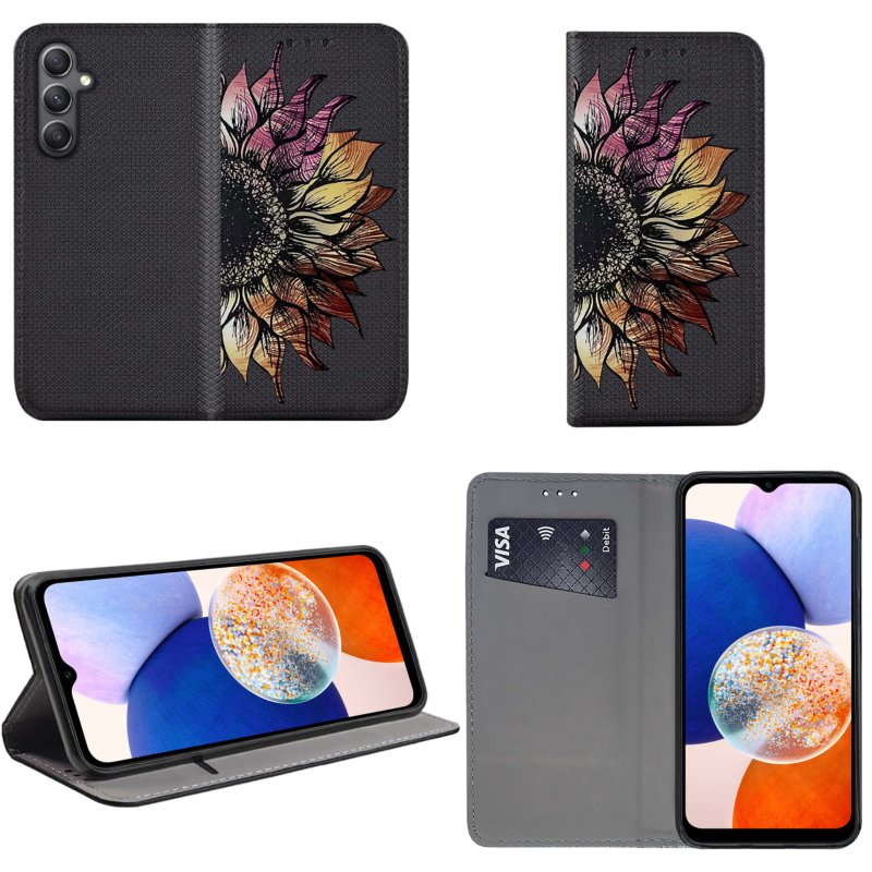 Etui do Samsung Galaxy A14 zamykane malowane wzór kwiat + szkło pokrowiec kabura case z klapką