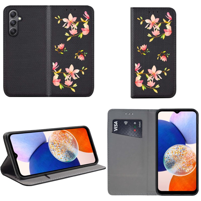 Etui do Samsung Galaxy A14 zamykane malowane wzór kwiatki + szkło pokrowiec kabura case z klapką