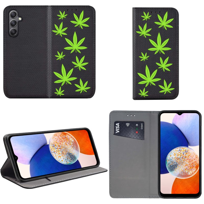 Etui do Samsung Galaxy A14 zamykane malowane wzór liście marycha konopia zioło + szkło pokrowiec kabura case z klapką