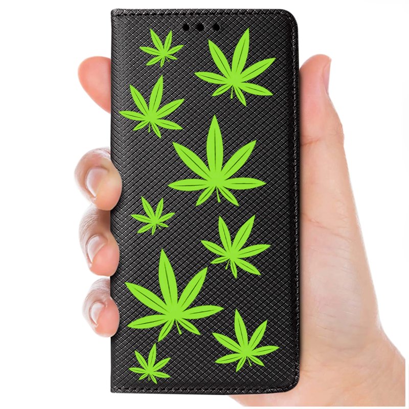 Etui do Samsung Galaxy A14 zamykane malowane wzór liście marycha konopia zioło + szkło pokrowiec kabura case z klapką