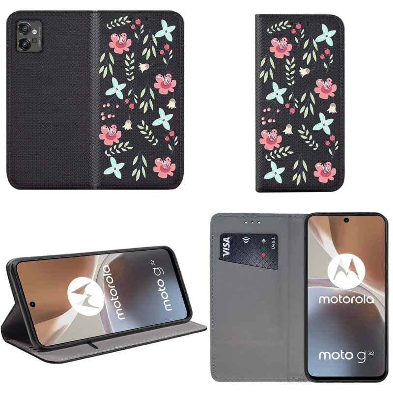 Etui do Motorola Moto G32 zamykane malowane wzór kwiaty + szkło pokrowiec kabura case z klapką