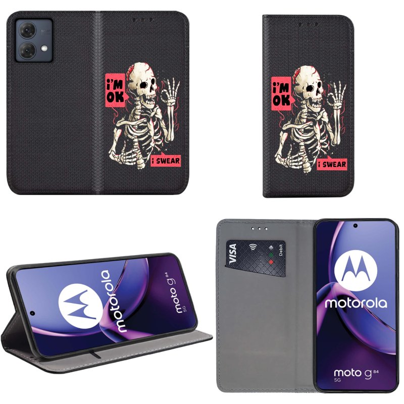Etui do Motorola Moto G84 5G zamykane malowane wzór szkielet + szkło pokrowiec kabura case z klapką