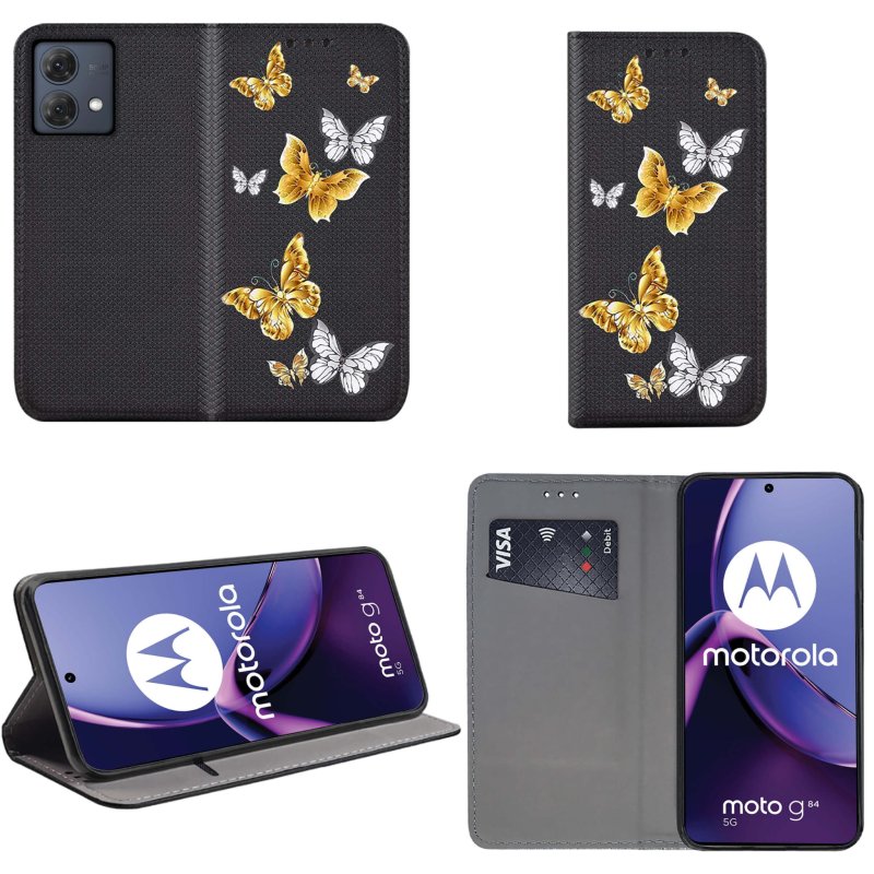 Etui do Motorola Moto G84 5G zamykane malowane wzór motyle + szkło pokrowiec kabura case z klapką