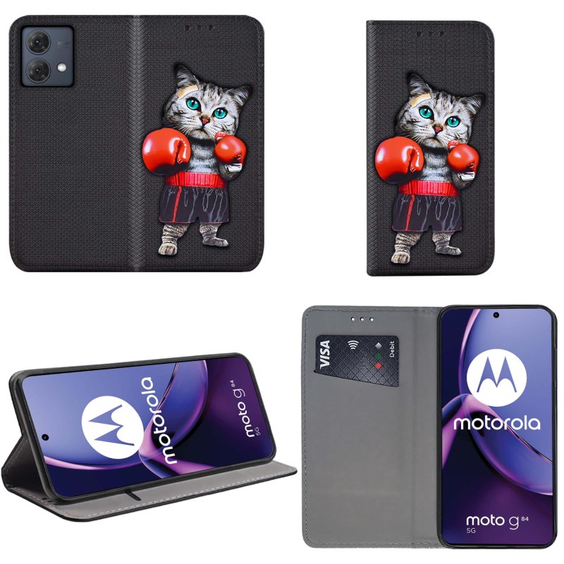 Etui do Motorola Moto G84 5G zamykane malowane wzór kot + szkło pokrowiec kabura case z klapką