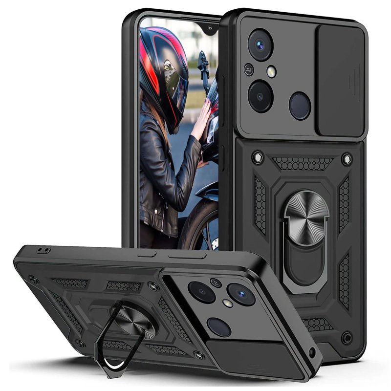 Etui do Xiaomi Redmi 12C pancerne ring z osłona na aparat czarne + szkło nakładka na plecki case