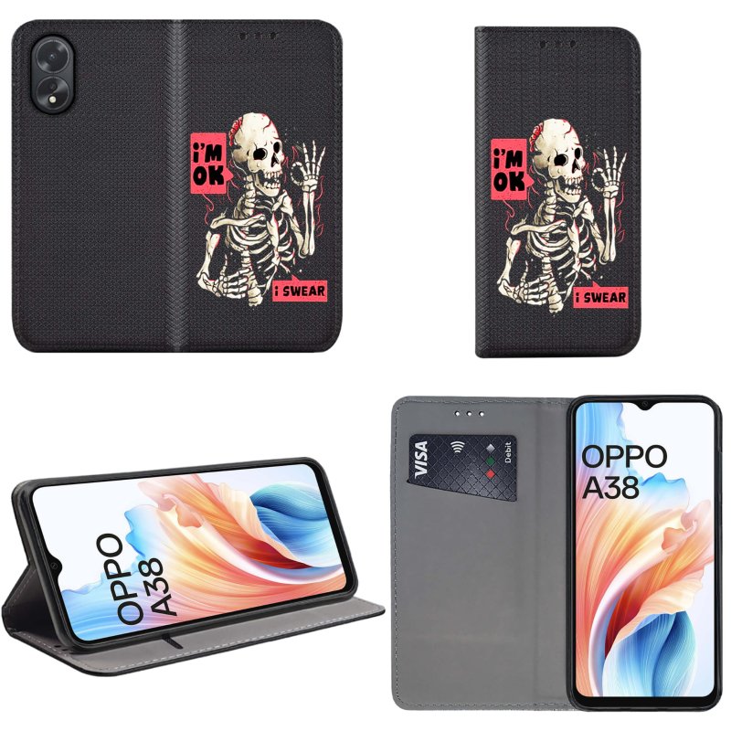 Etui do Oppo A38 zamykane malowane wzór szkielet + szkło pokrowiec kabura case z klapka wzory magnet