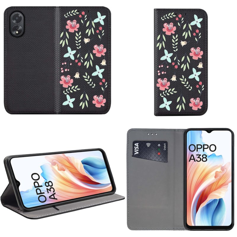 Etui do Oppo A38 zamykane malowane wzór kwiaty + szkło pokrowiec kabura case z klapka wzory magnet