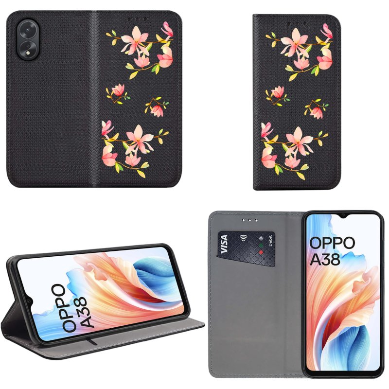 Etui do Oppo A38 zamykane malowane wzór kwiatki + szkło pokrowiec kabura case z klapka wzory magnet