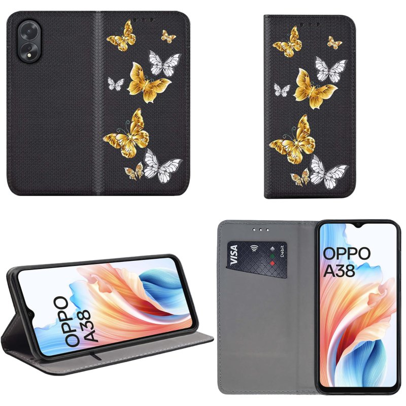Etui do Oppo A38 zamykane malowane wzór motyle + szkło pokrowiec kabura case z klapka wzory magnet