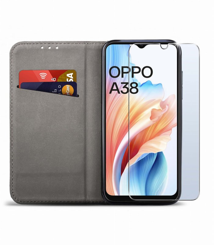 Etui do Oppo A38 granatowe zamykane + szkło pokrowiec kabura case z klapką