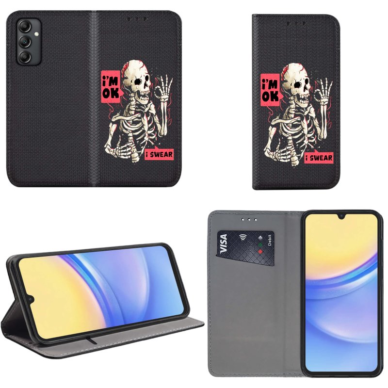 Etui do Samsung Galaxy A15 zamykane malowane wzór szkielet + szkło pokrowiec kabura case z klapka smart wzor