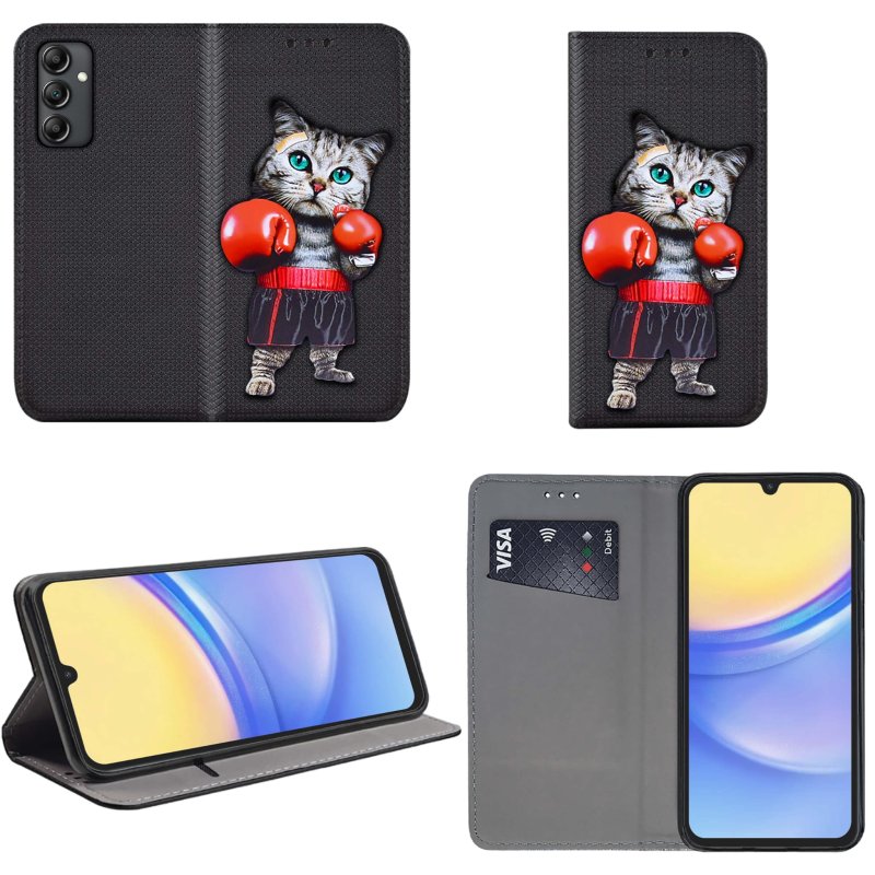 Etui do Samsung Galaxy A15 zamykane malowane wzór kot + szkło pokrowiec kabura case z klapka smart wzor