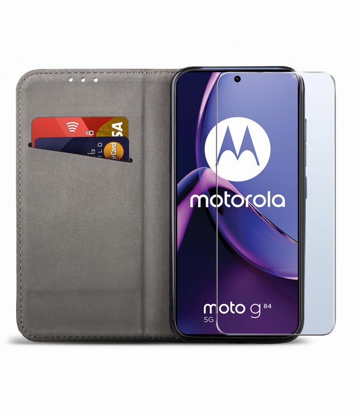 Etui do Motorola Moto G84 5G czarne zamykane + szkło pokrowiec kabura case z klapka smart