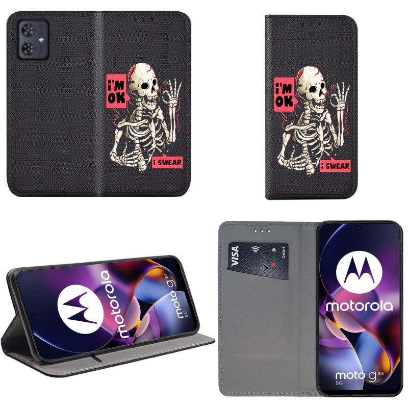 Etui do Motorola Moto G54 5G / G54 5G Power Edition zamykane malowane wzór szkielet + szkło pokrowiec kabura case z klapka smart magnet wzory