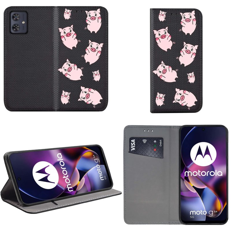 Etui do Motorola Moto G54 5G / G54 5G Power Edition zamykane malowane wzór świnki + szkło pokrowiec kabura case z klapka smart magnet wzory