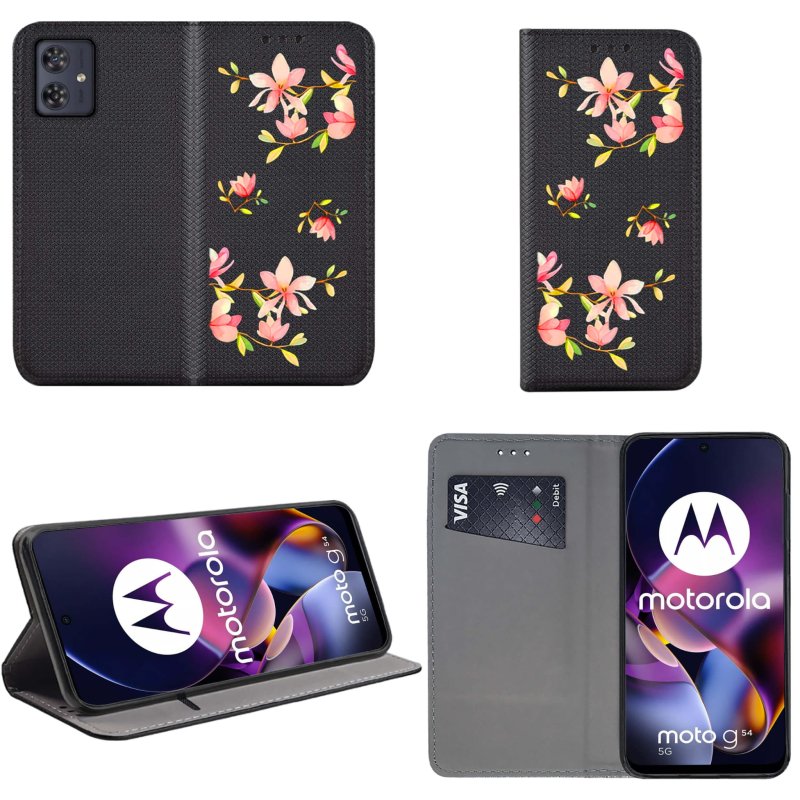 Etui do Motorola Moto G54 5G / G54 5G Power Edition zamykane malowane wzór kwiaty + szkło pokrowiec kabura case z klapka smart magnet wzory