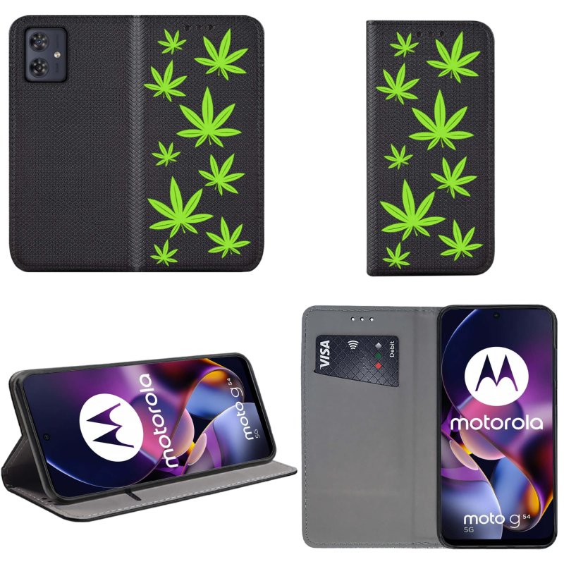 Etui do Motorola Moto G54 5G / G54 5G Power Edition zamykane malowane wzór liście marycha konopia zioło + szkło pokrowiec kabura case z klapka smart magnet wzory