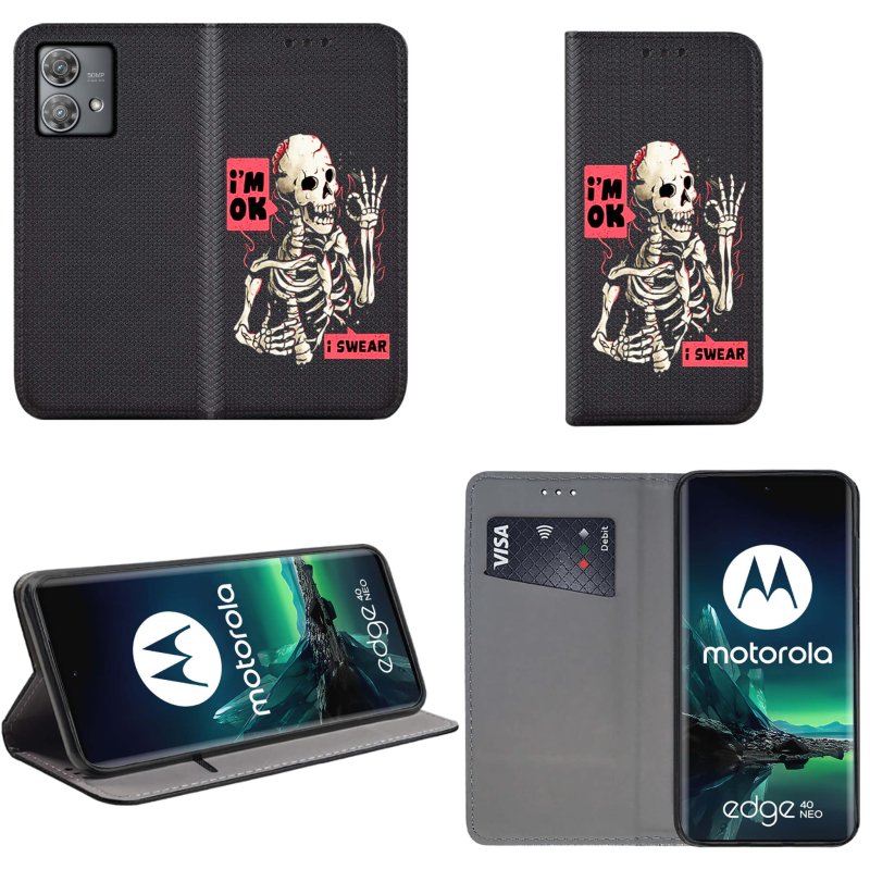 Etui do Motorola Moto Edge 40 Neo zamykane malowane wzór szkielet pokrowiec kabura case z klapką szkielet