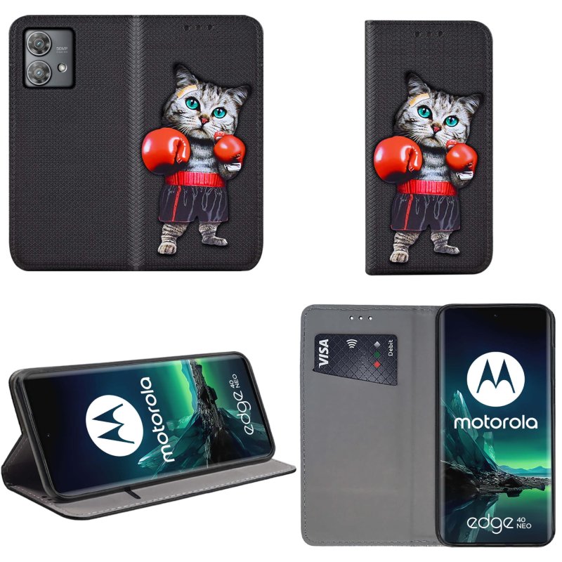 Etui do Motorola Moto Edge 40 Neo zamykane malowane wzór pokrowiec kabura case z klapka kot