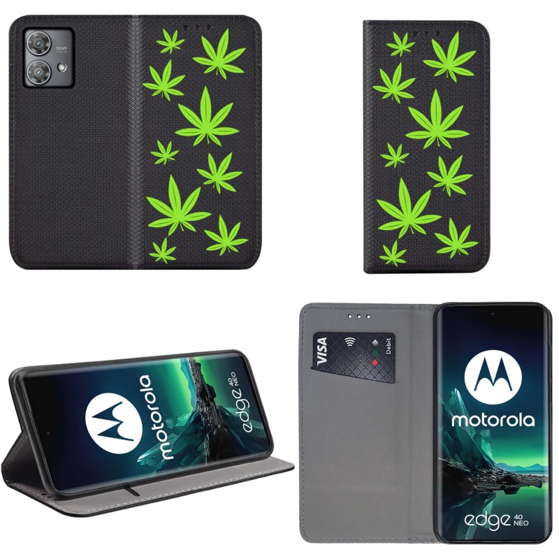 Etui do Motorola Moto Edge 40 Neo zamykane malowane wzór pokrowiec kabura case z klapka liście marycha konopia zioło