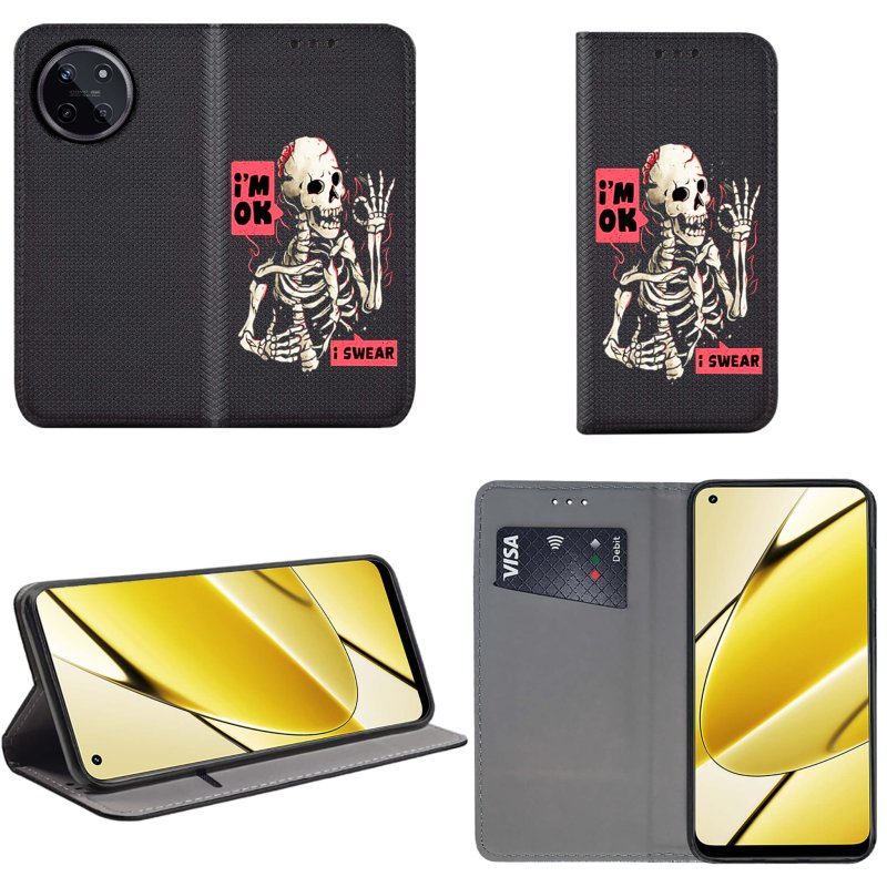 Etui do Realme 11 4G zamykane malowane wzór szkielet + szkło, pokrowiec, kabura, case, z klapka, smart wzory