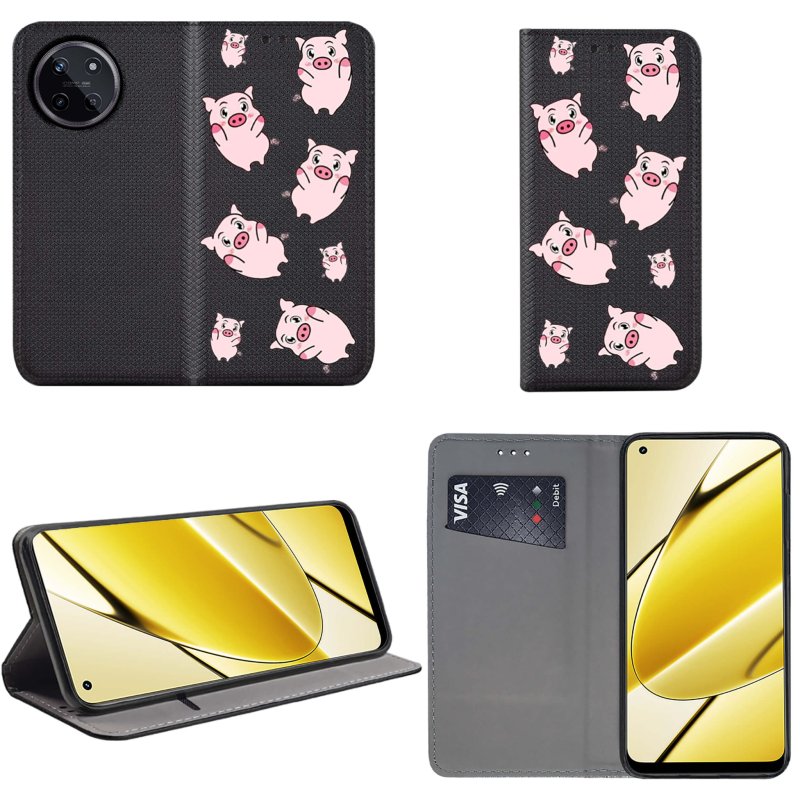 Etui do Realme 11 4G zamykane malowane wzór swinki + szkło, pokrowiec, kabura, case, z klapka, smart wzory