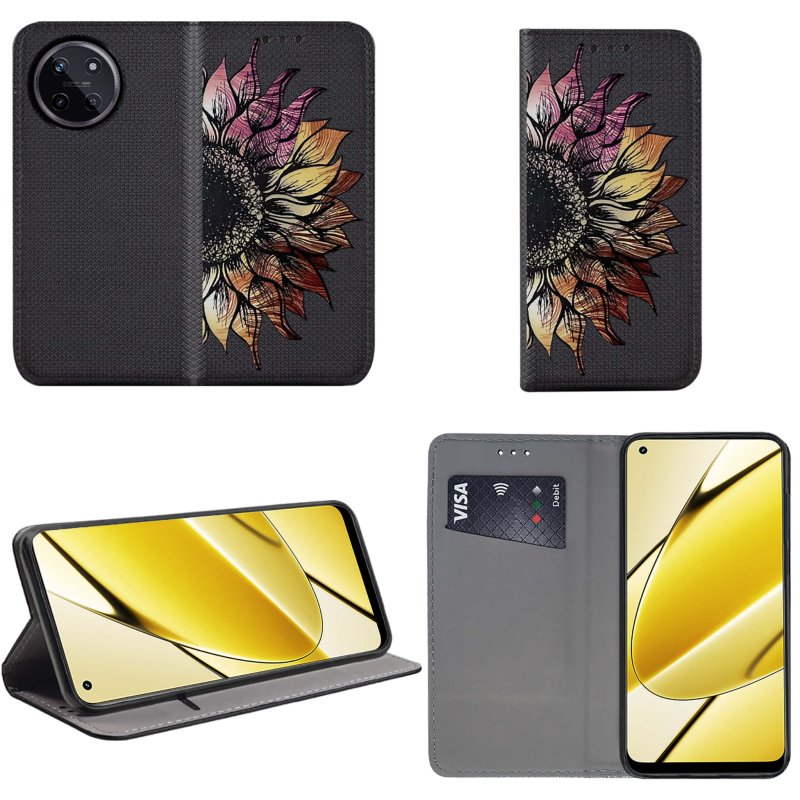 Etui do Realme 11 4G zamykane malowane wzór kwiat + szkło, pokrowiec, kabura, case, z klapka, smart wzory
