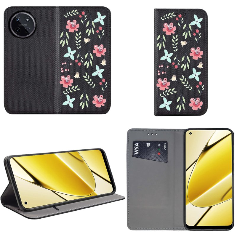 Etui do Realme 11 4G zamykane malowane wzór kwiaty + szkło, pokrowiec, kabura, case, z klapka, smart wzory