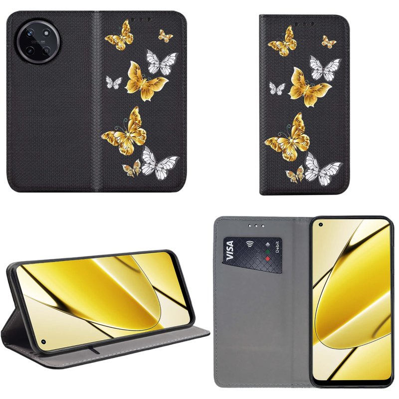 Etui do Realme 11 4G zamykane malowane wzór motyle + szkło, pokrowiec, kabura, case, z klapka, smart wzory