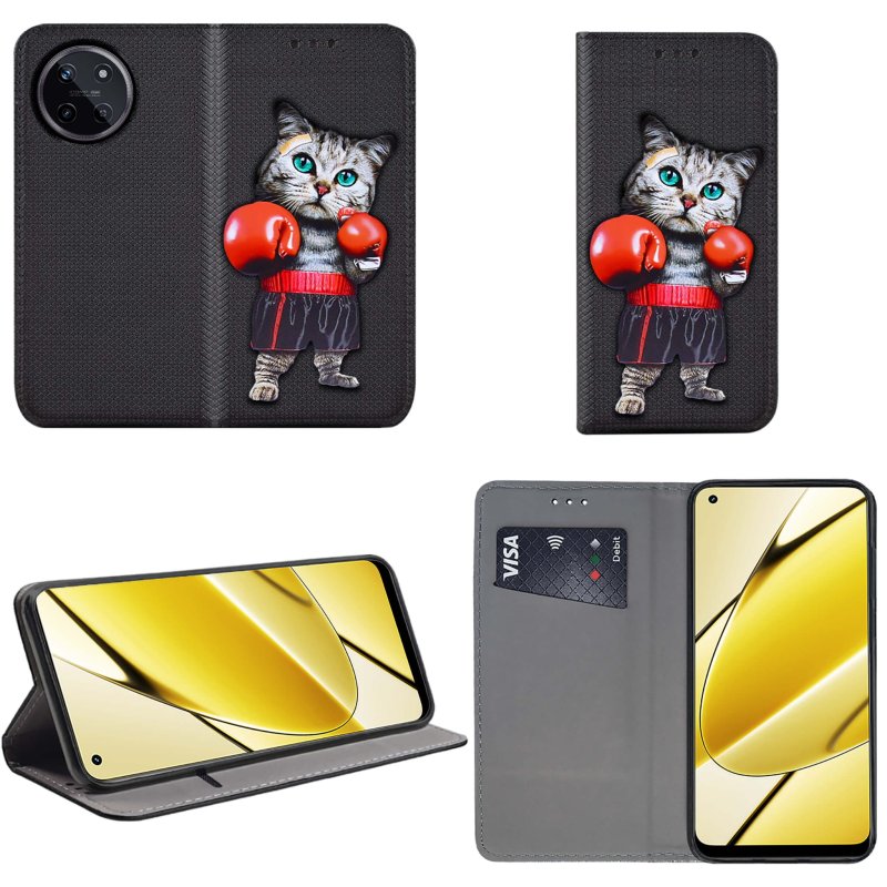 Etui do Realme 11 4G zamykane malowane wzór kot + szkło, pokrowiec, kabura, case, z klapka, smart wzory