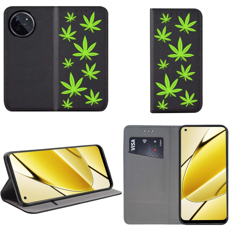 Etui do Realme 11 4G zamykane malowane wzór liscie, marycha, konopia, zioło + szkło, pokrowiec, kabura, case, z klapka, smart wzory