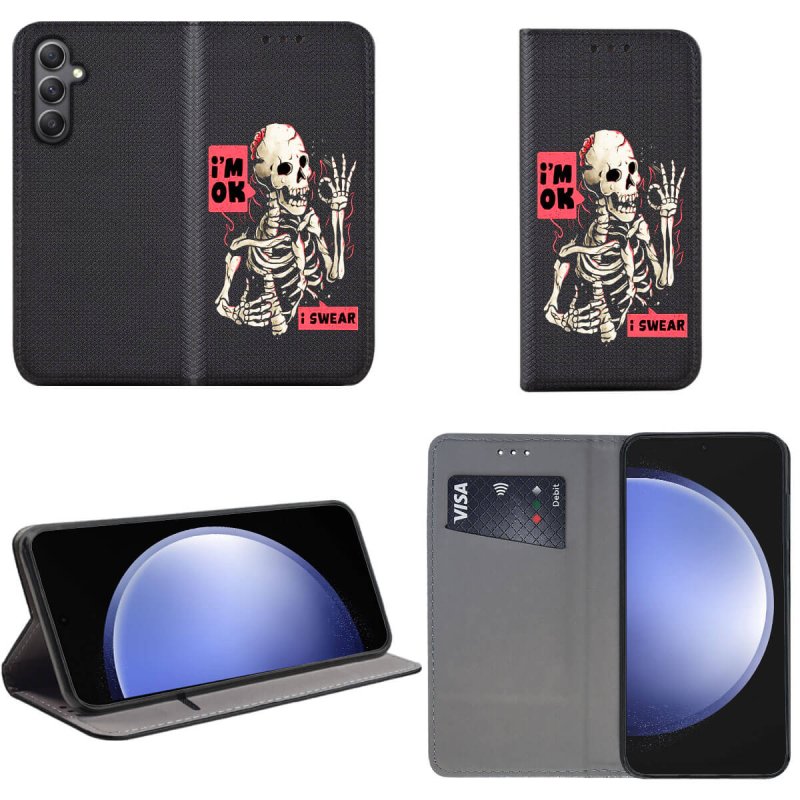 Etui do Samsung Galaxy S23 Fe zamykane malowane wzór szkielet + szkło, pokrowiec, kabura, case, z klapka, smart wzory