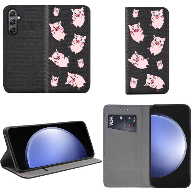 Etui do Samsung Galaxy S23 Fe zamykane malowane wzór świnki + szkło, pokrowiec, kabura, case, z klapka, smart wzory