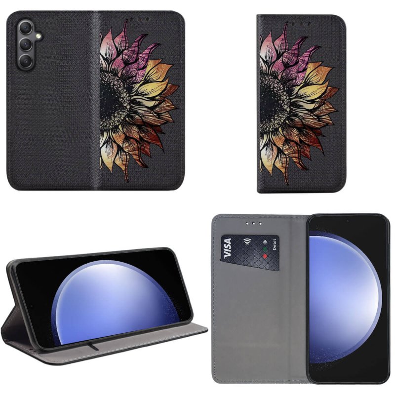 Etui do Samsung Galaxy S23 Fe zamykane malowane wzór kwiat + szkło, pokrowiec, kabura, case, z klapka, smart wzory