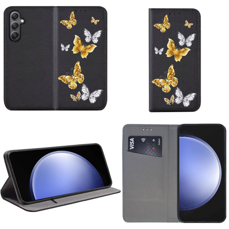 Etui do Samsung Galaxy S23 Fe zamykane malowane wzór motyle + szkło, pokrowiec, kabura, case, z klapka, smart wzory