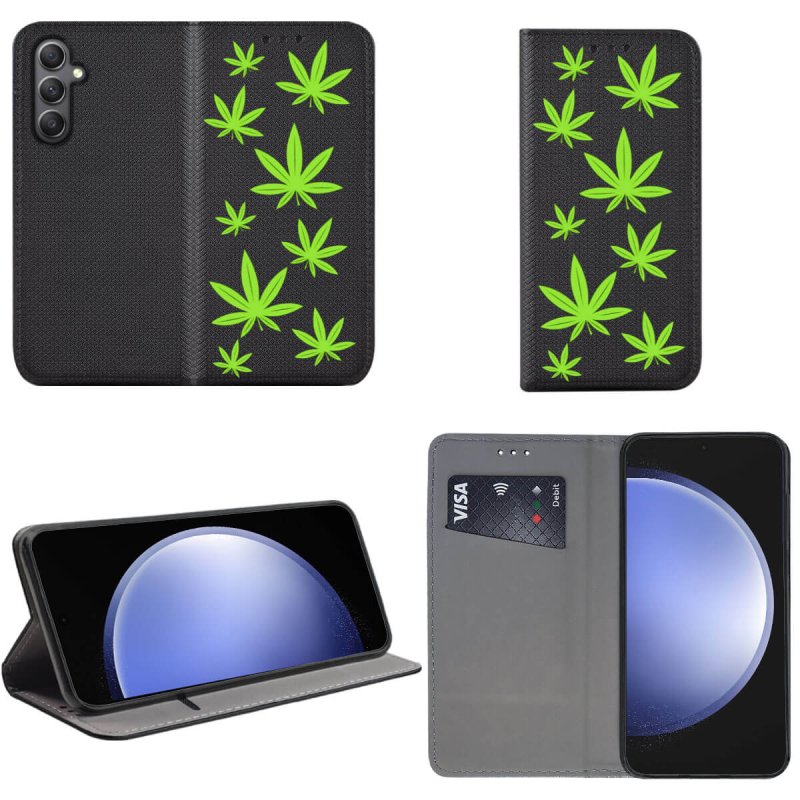 Etui do Samsung Galaxy S23 Fe zamykane malowane wzór liście, marycha, konopia, zioło + szkło, pokrowiec, kabura, case, z klapka, smart wzory